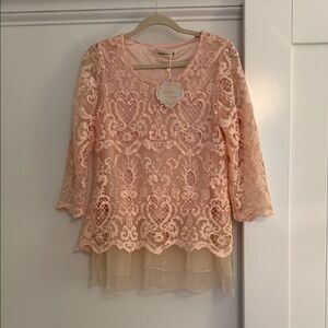 Simply Couture Peach Lace Overlay Blouse with Sheer Tiered Hem